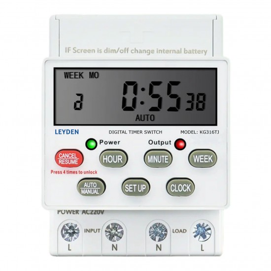 LEYDEN® KG316TJ, 30A, 220/230VAC, 50Hz Digital Timer Switch for Electrical ON Off, 16 On Off Program Per Day, Manual Start ON-Off Delay & Cyclic Timer Switch